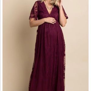 Pink blush burgundy lace mesh overlay maternity and postpartum dress